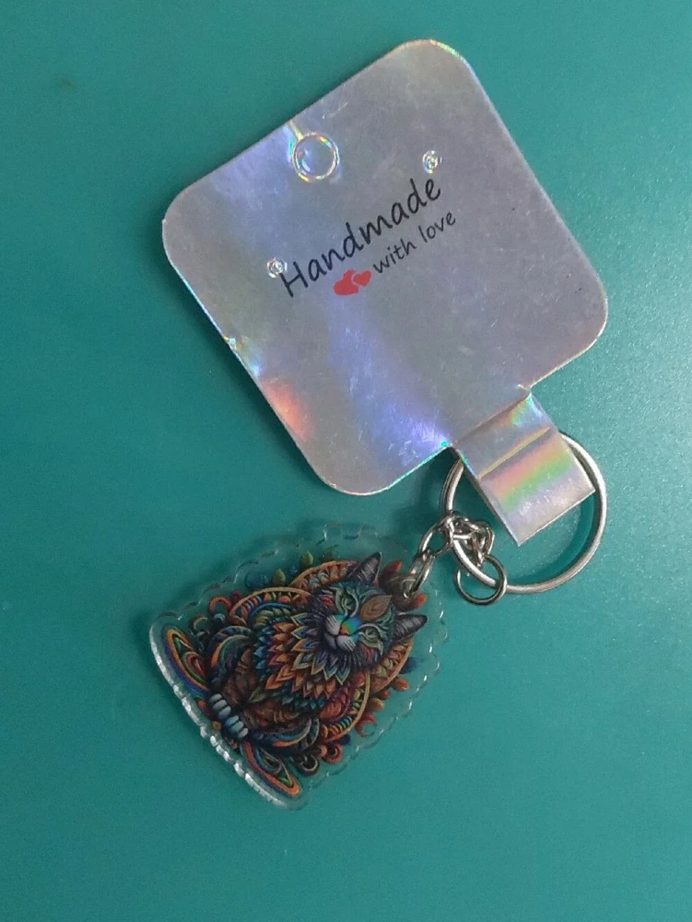 Handmade Multicolor Cat Acrylic Keychain - Key & Card Holder
